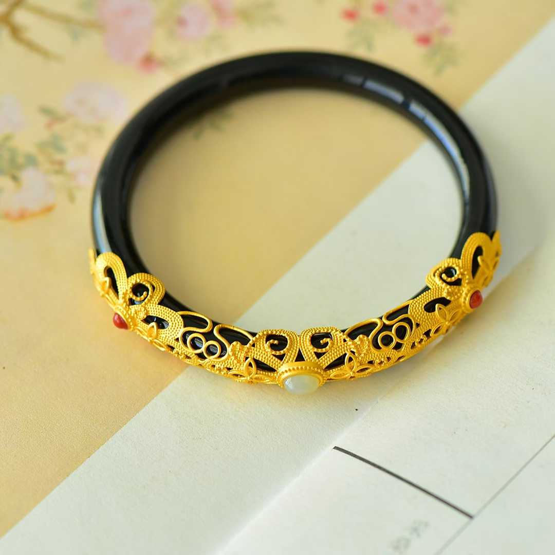 925 Silver Inlaid Hetian Nephrite "Hollowed - Out Cabochon" Bracelet - jewelry - weilin.com