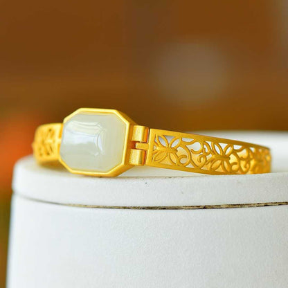 925 Silver Inlaid Hetian Nephrite "Hollowed - Out Cabochon" Bracelet - jewelry - weilin.com