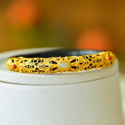 925 Silver Inlaid Hetian Nephrite "Hollowed - Out Cabochon" Bracelet - jewelry - weilin.com