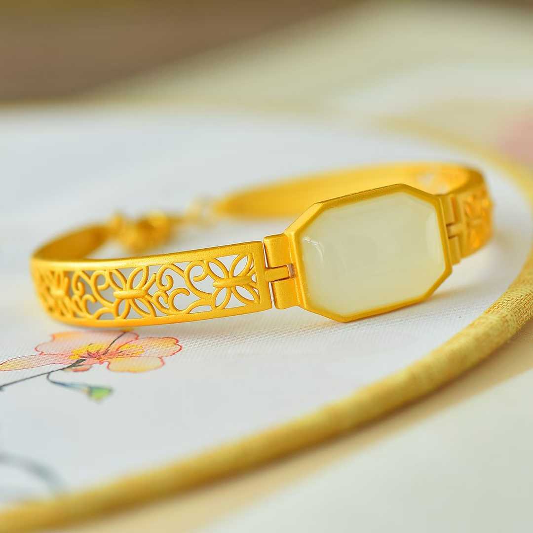 925 Silver Inlaid Hetian Nephrite "Hollowed - Out Cabochon" Bracelet - jewelry - weilin.com