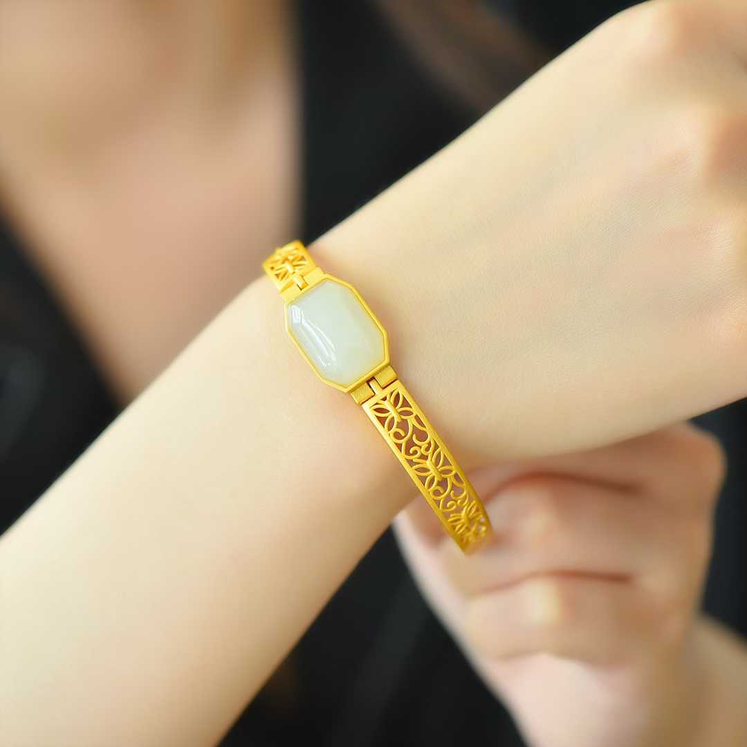 925 Silver Inlaid Hetian Nephrite "Hollowed - Out Cabochon" Bracelet - jewelry - weilin.com