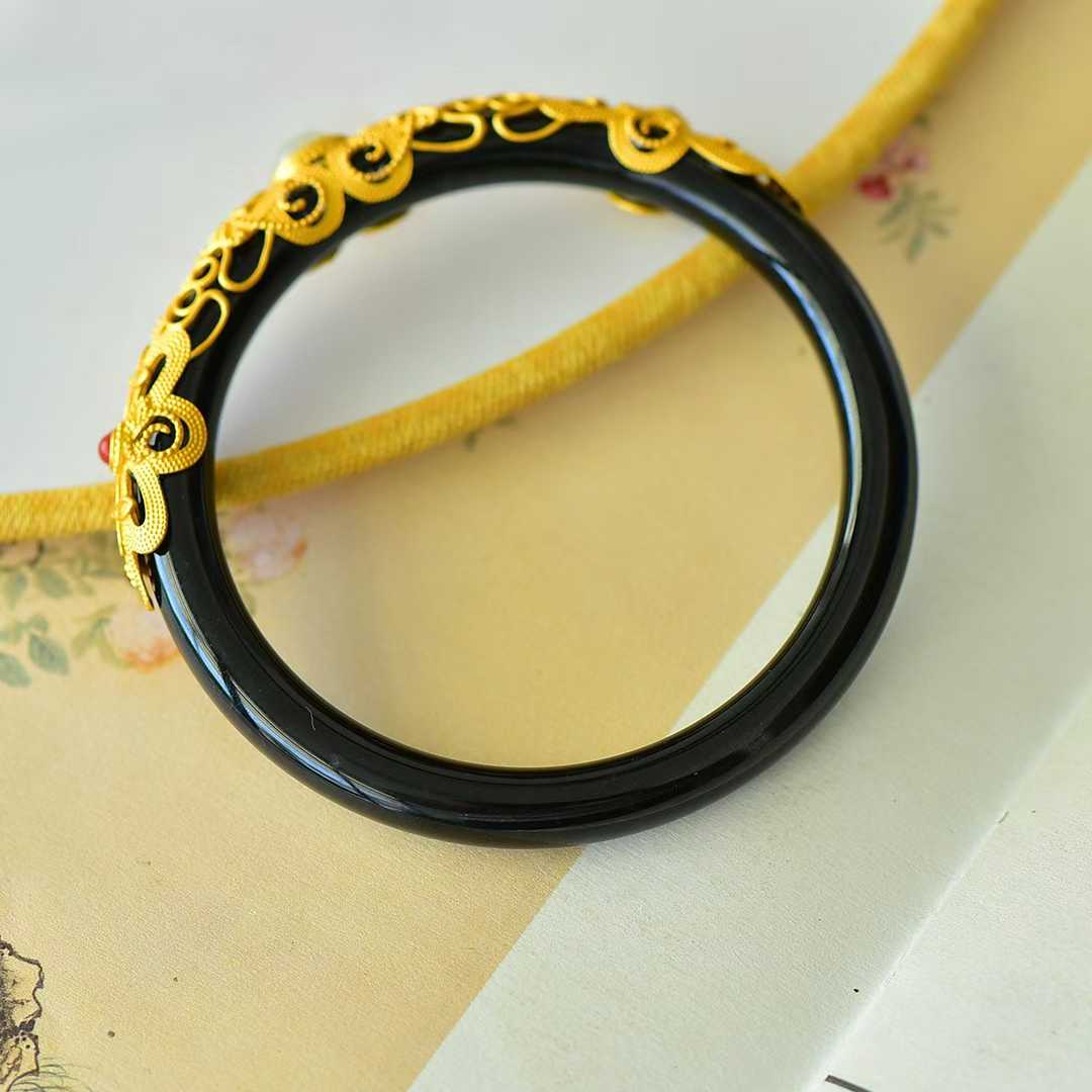 925 Silver Inlaid Hetian Nephrite "Hollowed - Out Cabochon" Bracelet - jewelry - weilin.com