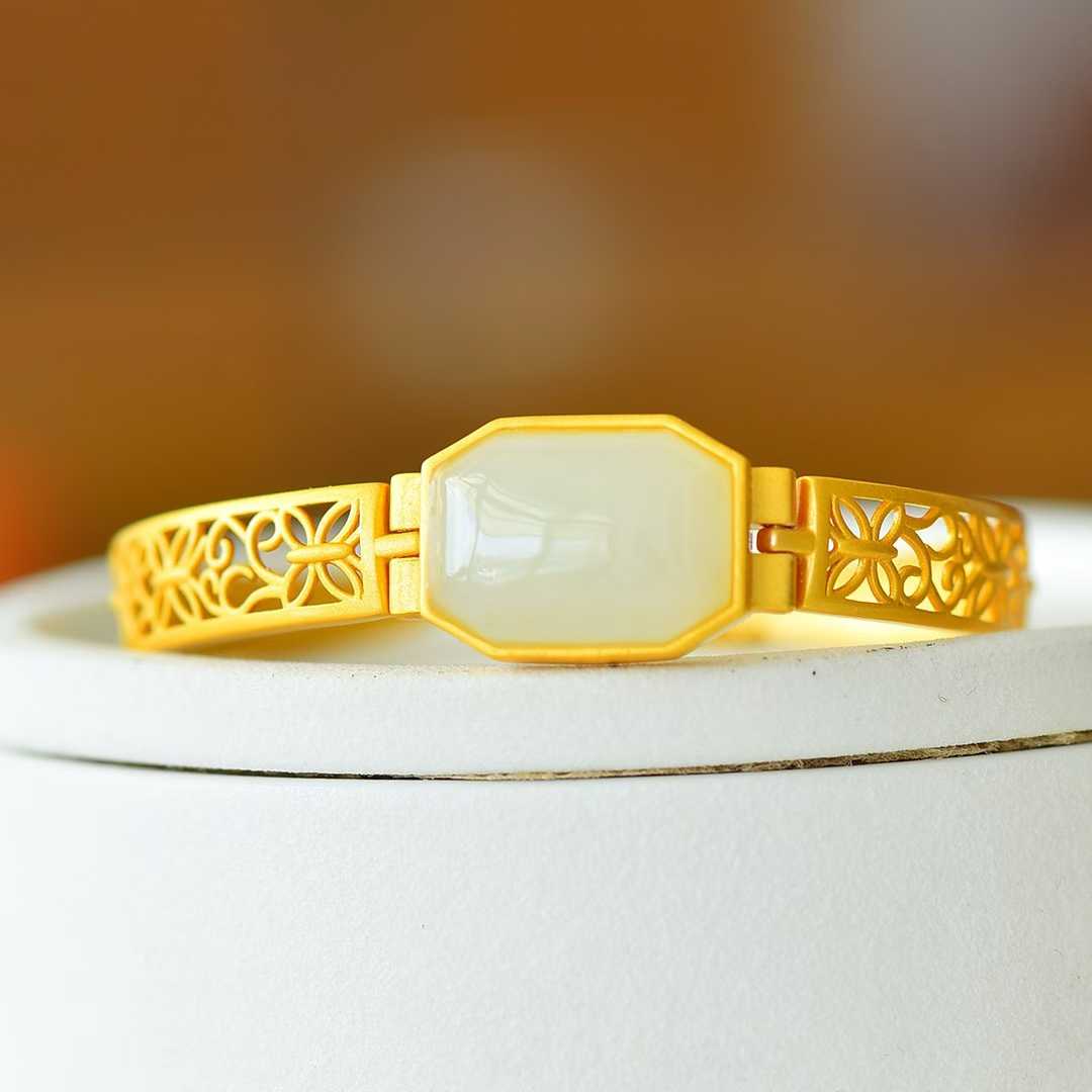 925 Silver Inlaid Hetian Nephrite "Hollowed - Out Cabochon" Bracelet - jewelry - weilin.com