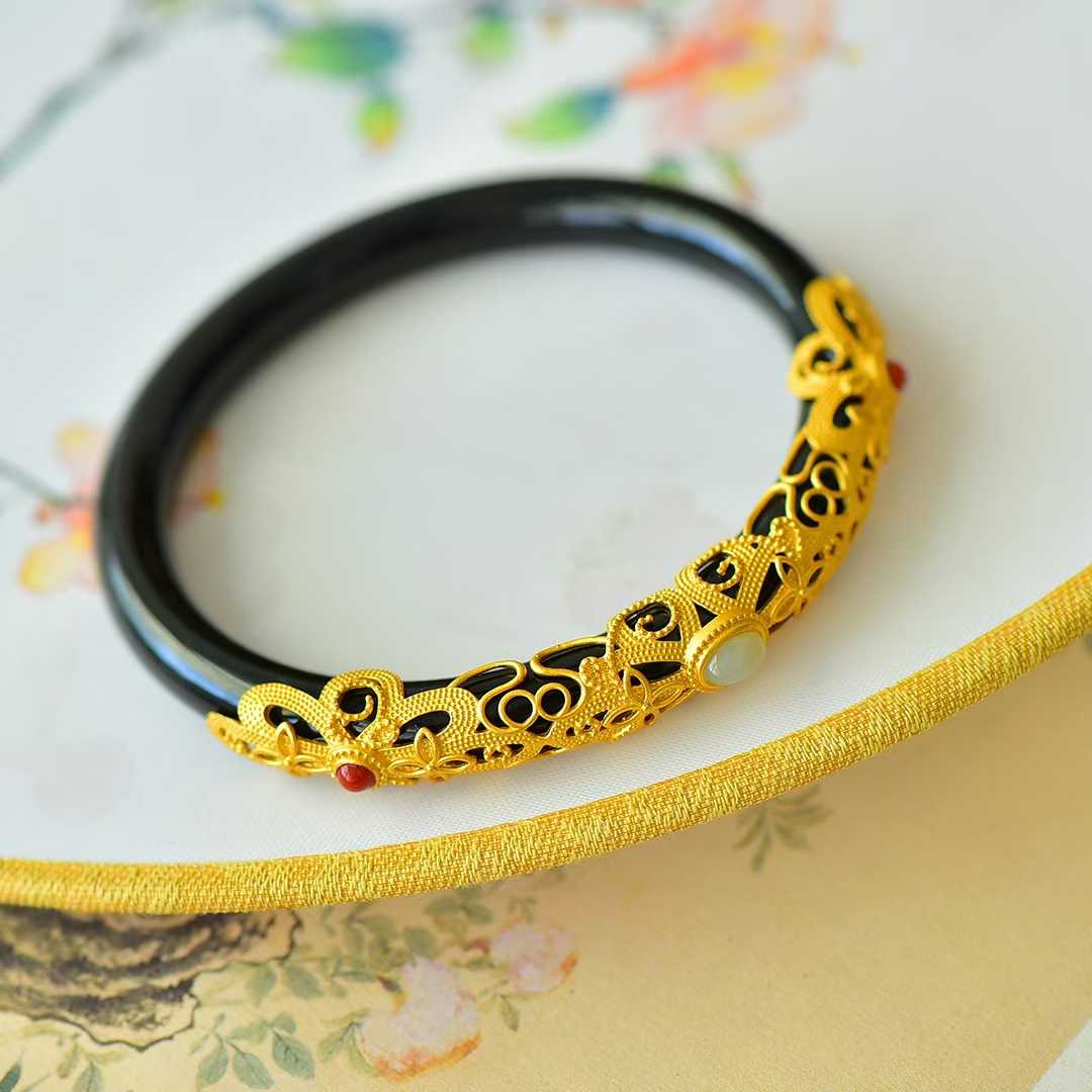 925 Silver Inlaid Hetian Nephrite "Hollowed - Out Cabochon" Bracelet - jewelry - weilin.com