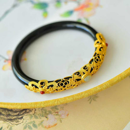 925 Silver Inlaid Hetian Nephrite "Hollowed - Out Cabochon" Bracelet - jewelry - weilin.com