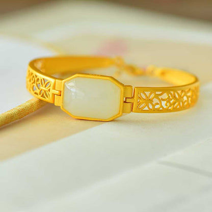 925 Silver Inlaid Hetian Nephrite "Hollowed - Out Cabochon" Bracelet - jewelry - weilin.com