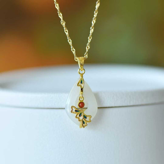 925 Silver Inlaid Hetian Nephrite Hollowed - Out Water Drop & Phoenix Pendant - jewelry - weilin.com