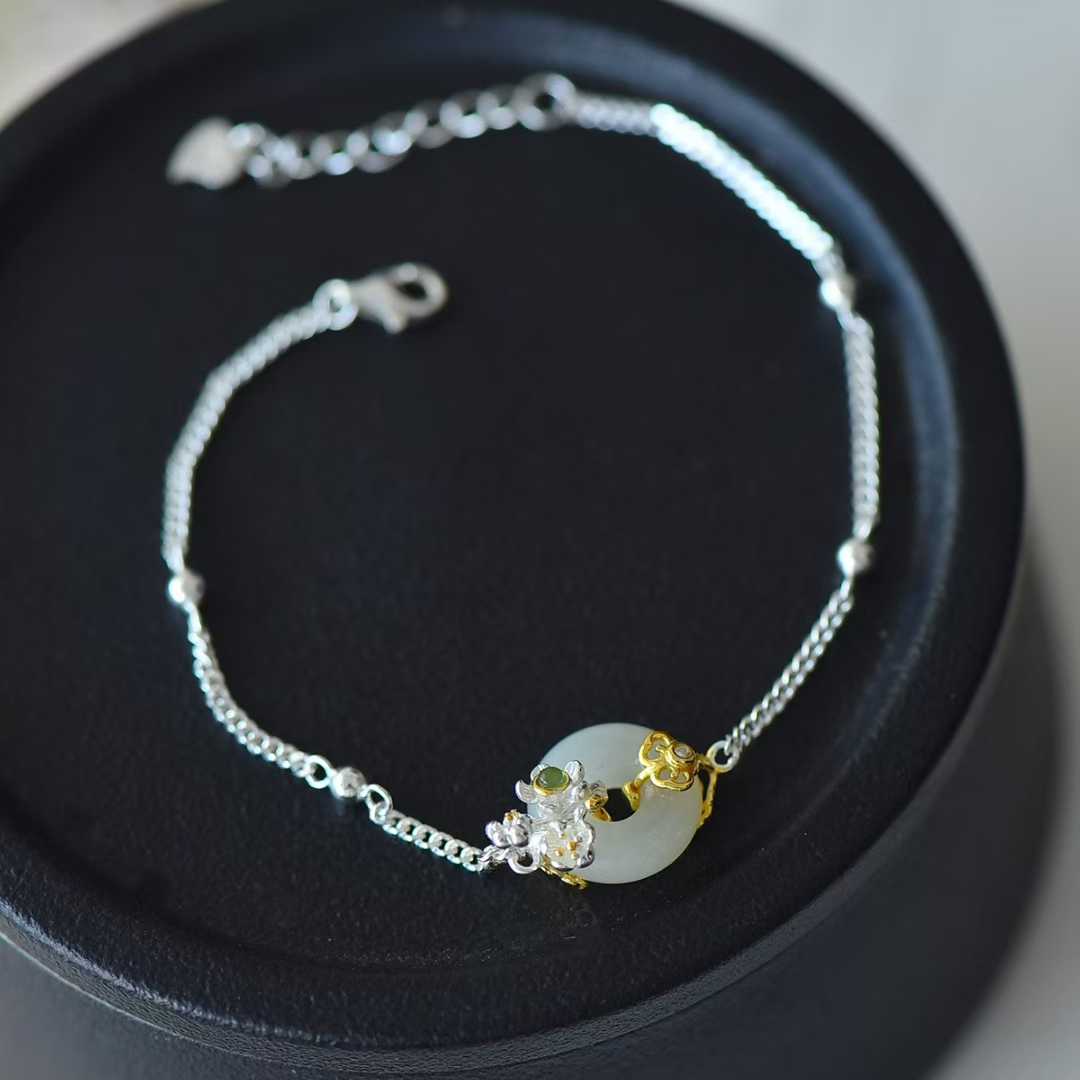 925 Silver Inlaid Hetian Nephrite "January Plum Blossom (Twelve Flower Gods)" Jewelry Set - jewelry - weilin.com