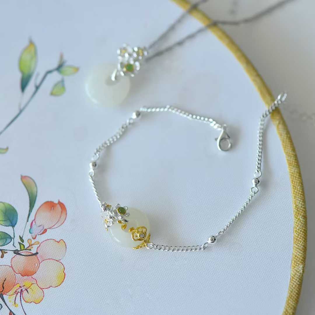 925 Silver Inlaid Hetian Nephrite "January Plum Blossom (Twelve Flower Gods)" Jewelry Set - jewelry - weilin.com