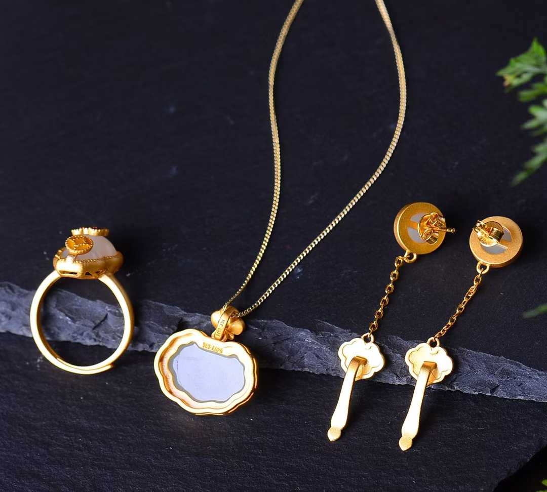 925 Silver Inlaid Hetian Nephrite Jewelry Set - jewelry - weilin.com