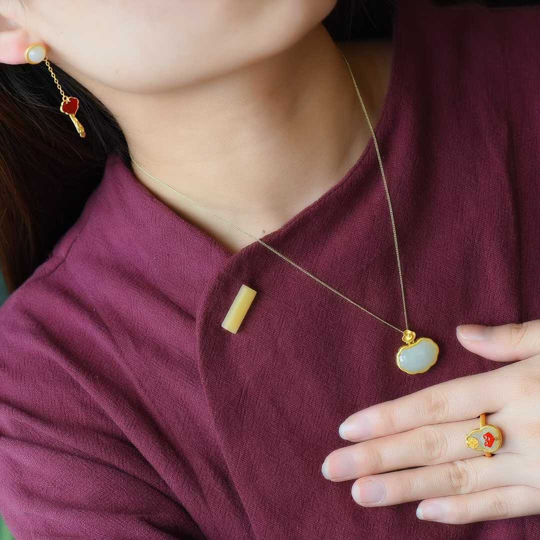 925 Silver Inlaid Hetian Nephrite Jewelry Set - jewelry - weilin.com