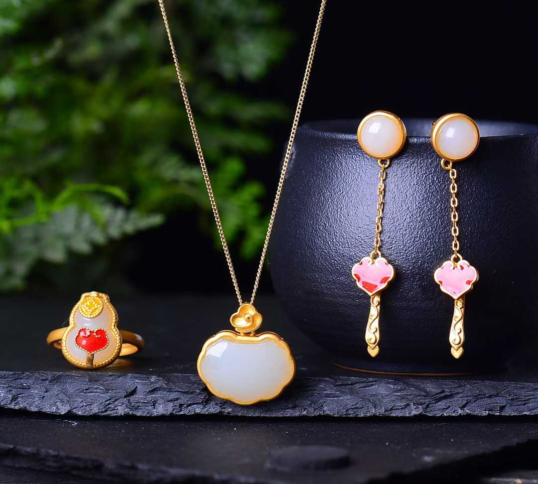 925 Silver Inlaid Hetian Nephrite Jewelry Set - jewelry - weilin.com