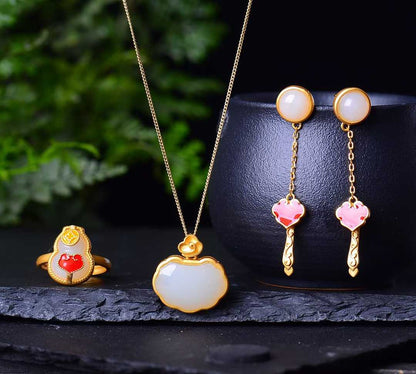 925 Silver Inlaid Hetian Nephrite Jewelry Set - jewelry - weilin.com