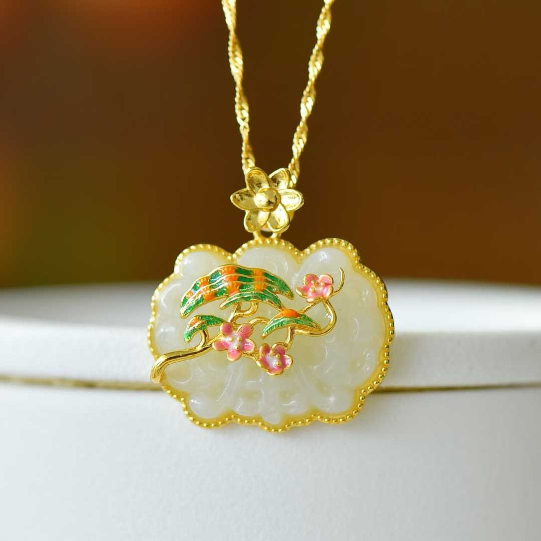 925 Silver Inlaid Hetian Nephrite "Joy on the Eyebrows" Enamel Pendant - jewelry - weilin.com
