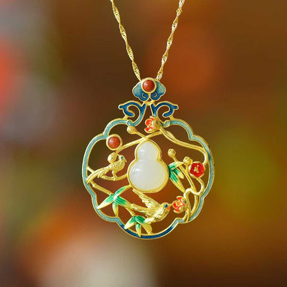 925 Silver Inlaid Hetian Nephrite "Joy on the Eyebrows (Joyful Occasions)" Gourd Pendant - jewelry - weilin.com