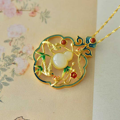 925 Silver Inlaid Hetian Nephrite "Joy on the Eyebrows (Joyful Occasions)" Gourd Pendant - jewelry - weilin.com
