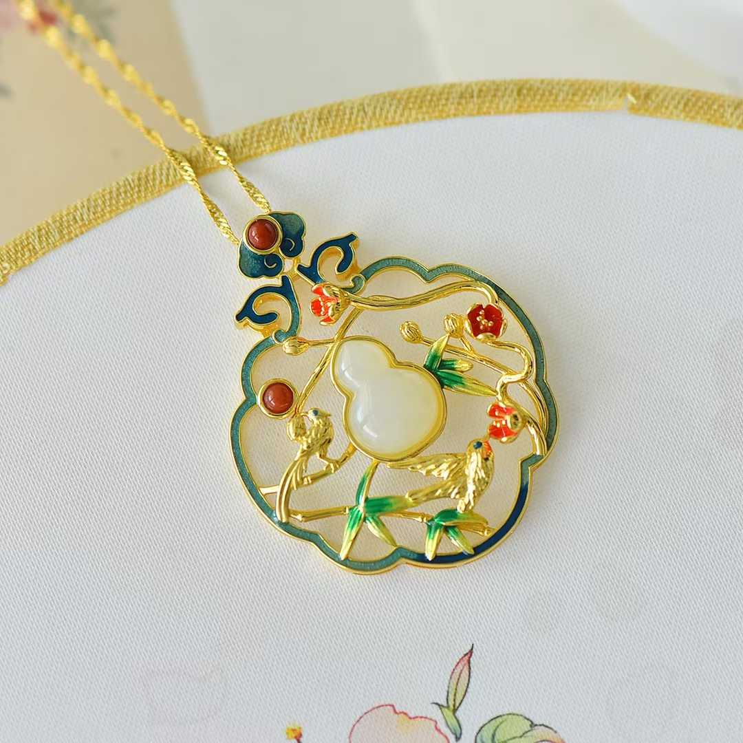 925 Silver Inlaid Hetian Nephrite "Joy on the Eyebrows (Joyful Occasions)" Gourd Pendant - jewelry - weilin.com