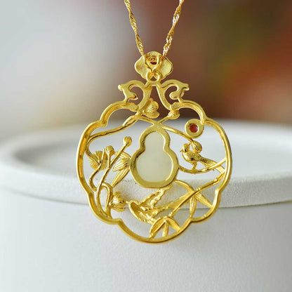925 Silver Inlaid Hetian Nephrite "Joy on the Eyebrows (Joyful Occasions)" Gourd Pendant - jewelry - weilin.com