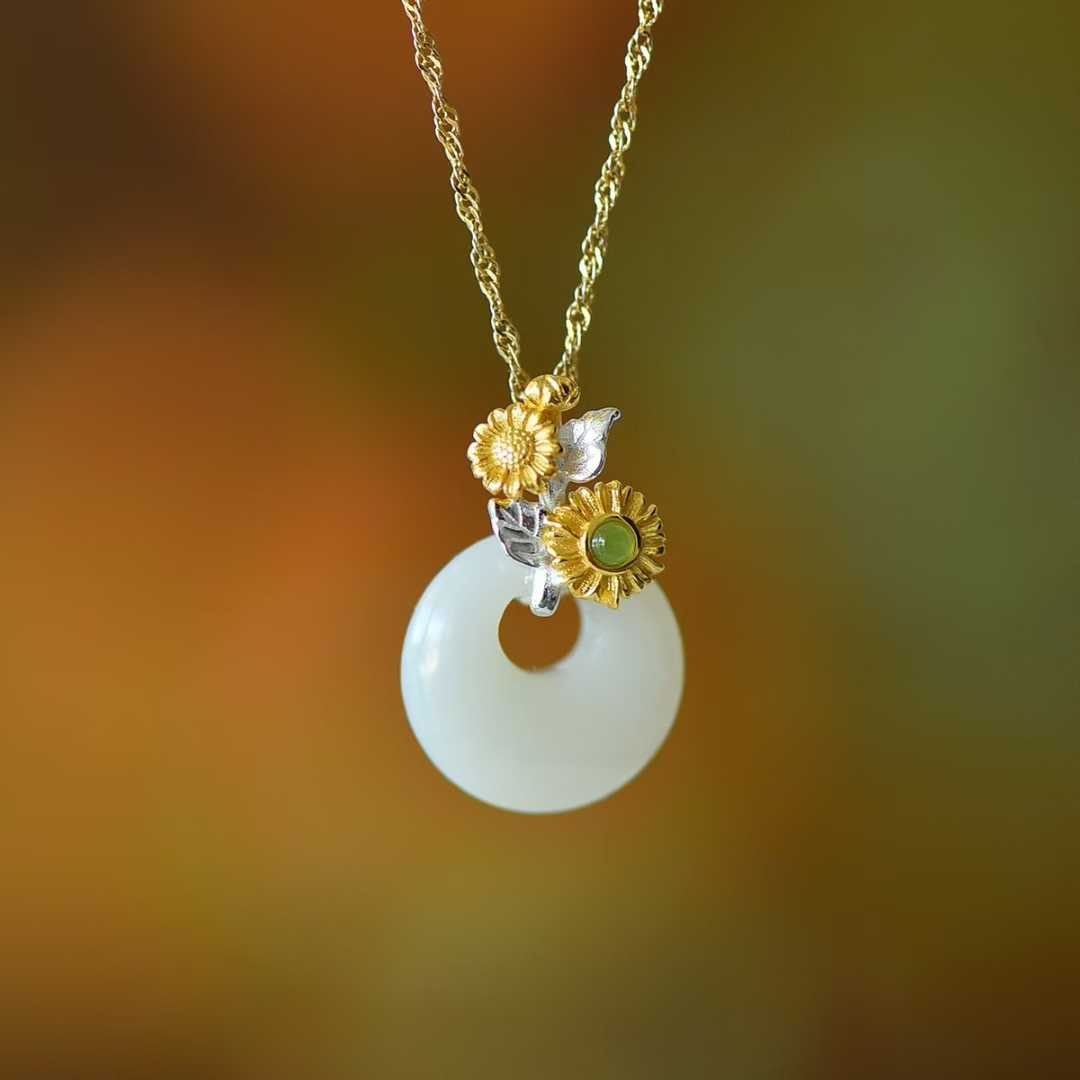 925 Silver Inlaid Hetian Nephrite "July Hollyhock (Twelve Flower Gods)" Jewelry Set - jewelry - weilin.com