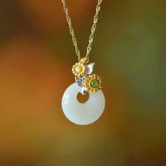 925 Silver Inlaid Hetian Nephrite "July Hollyhock (Twelve Flower Gods)" Jewelry Set - jewelry - weilin.com