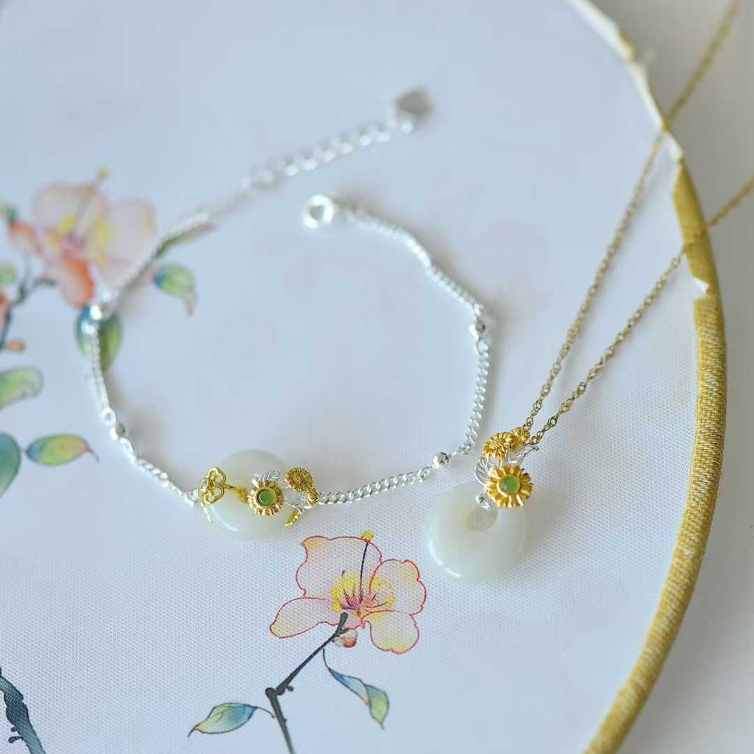 925 Silver Inlaid Hetian Nephrite "July Hollyhock (Twelve Flower Gods)" Jewelry Set - jewelry - weilin.com