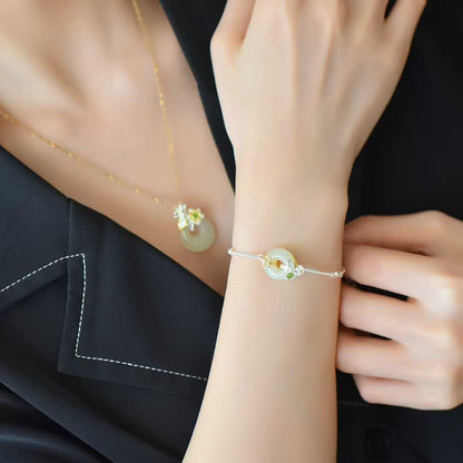 925 Silver Inlaid Hetian Nephrite "June Lotus (Twelve Flower Gods)" Jewelry Set - jewelry - weilin.com