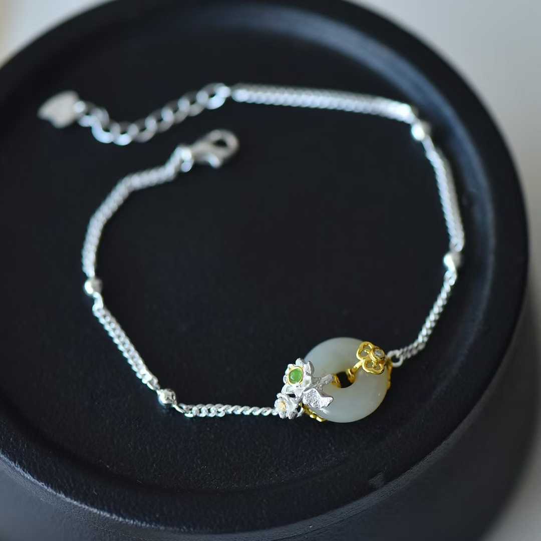 925 Silver Inlaid Hetian Nephrite "June Lotus (Twelve Flower Gods)" Jewelry Set - jewelry - weilin.com