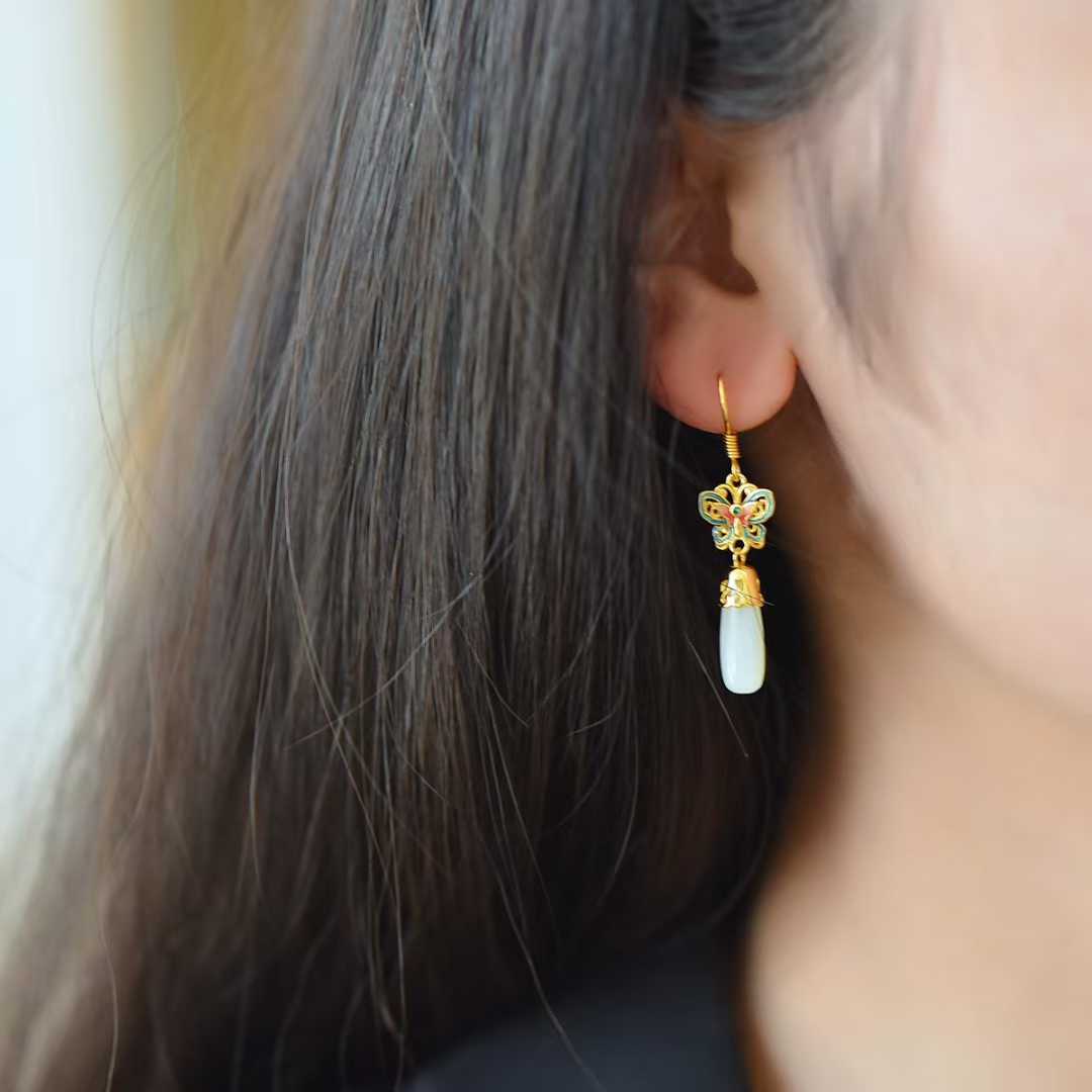 925 Silver Inlaid Hetian Nephrite Long Drop Butterfly Earrings - jewelry - weilin.com