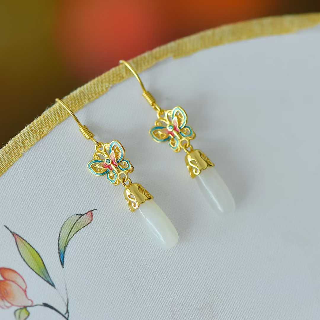 925 Silver Inlaid Hetian Nephrite Long Drop Butterfly Earrings - jewelry - weilin.com
