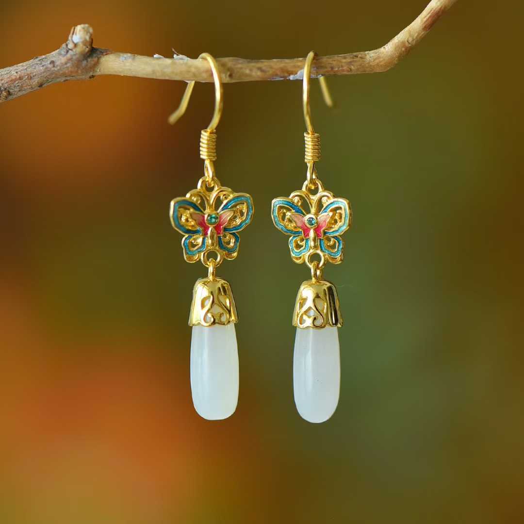 925 Silver Inlaid Hetian Nephrite Long Drop Butterfly Earrings - jewelry - weilin.com