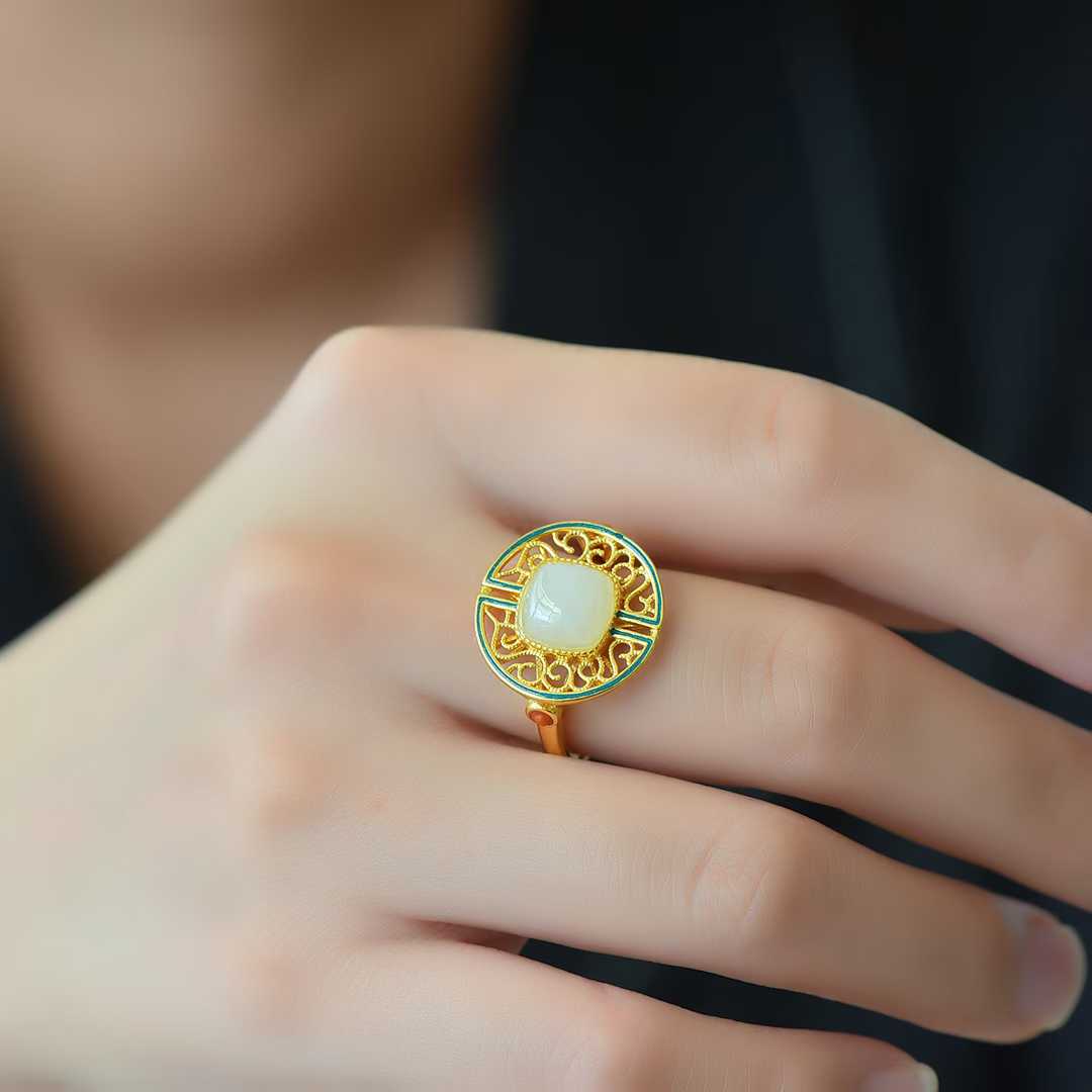 925 Silver Inlaid Hetian Nephrite "Longevity Vine" Ring - jewelry - weilin.com