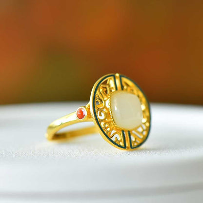 925 Silver Inlaid Hetian Nephrite "Longevity Vine" Ring - jewelry - weilin.com