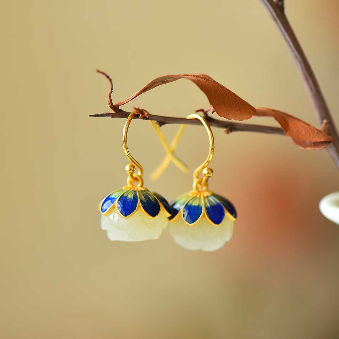925 Silver Inlaid Hetian Nephrite "Lotus Bead" Earrings - jewelry - weilin.com