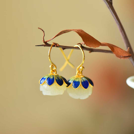 925 Silver Inlaid Hetian Nephrite "Lotus Bead" Earrings - jewelry - weilin.com