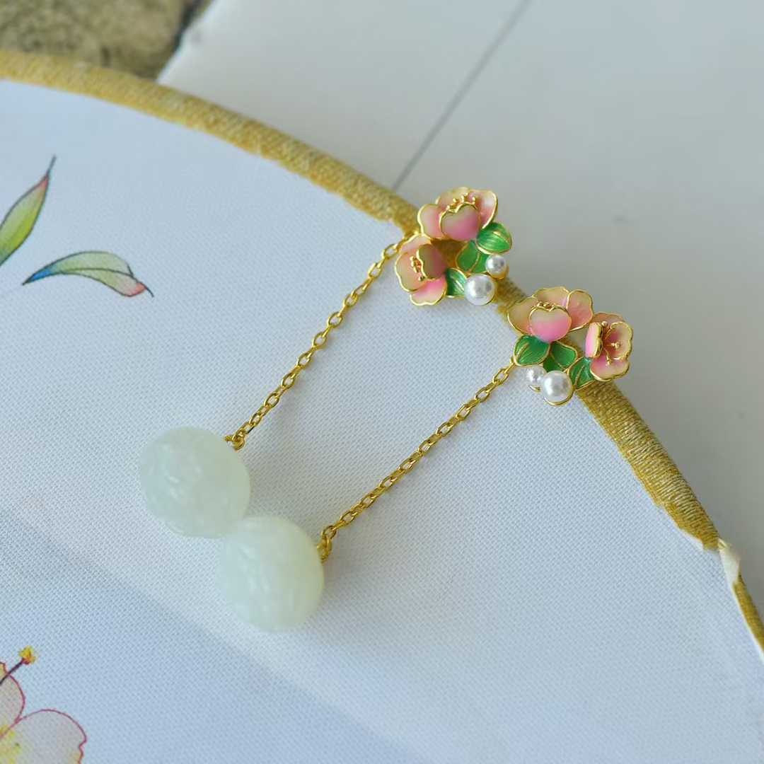 925 Silver Inlaid Hetian Nephrite "Lotus Bead & Lotus Earring" - jewelry - weilin.com