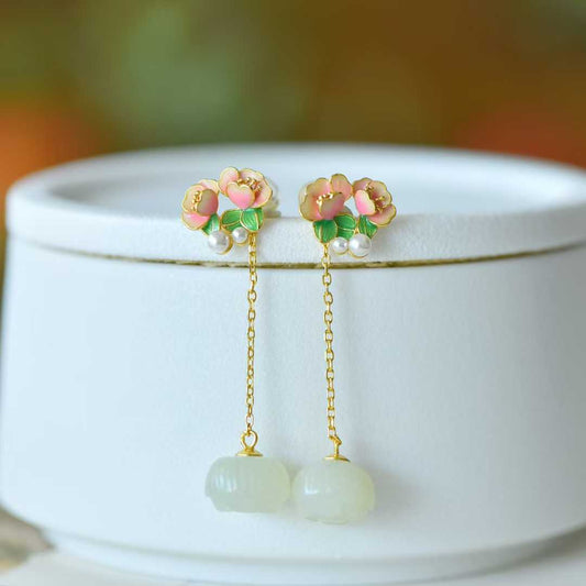 925 Silver Inlaid Hetian Nephrite "Lotus Bead & Lotus Earring" - jewelry - weilin.com