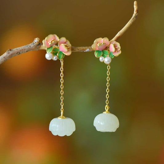 925 Silver Inlaid Hetian Nephrite "Lotus Bead & Lotus Earring" - jewelry - weilin.com