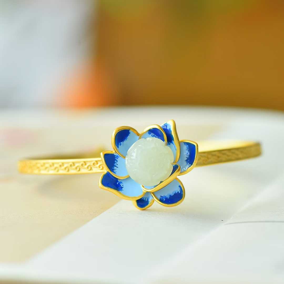 925 Silver Inlaid Hetian Nephrite "Lotus Beads & Endless Luck" Enamel Bracelet - jewelry - weilin.com