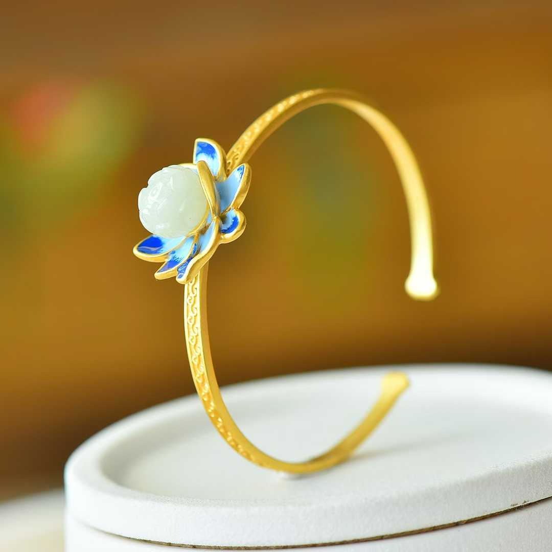 925 Silver Inlaid Hetian Nephrite "Lotus Beads & Endless Luck" Enamel Bracelet - jewelry - weilin.com