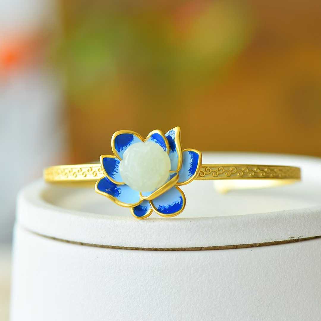 925 Silver Inlaid Hetian Nephrite "Lotus Beads & Endless Luck" Enamel Bracelet - jewelry - weilin.com