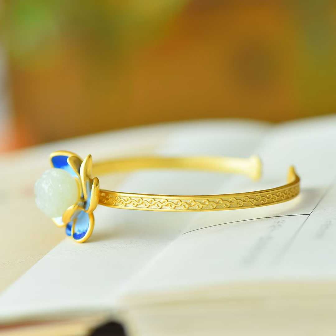 925 Silver Inlaid Hetian Nephrite "Lotus Beads & Endless Luck" Enamel Bracelet - jewelry - weilin.com