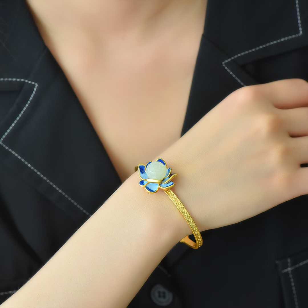 925 Silver Inlaid Hetian Nephrite "Lotus Beads & Endless Luck" Enamel Bracelet - jewelry - weilin.com