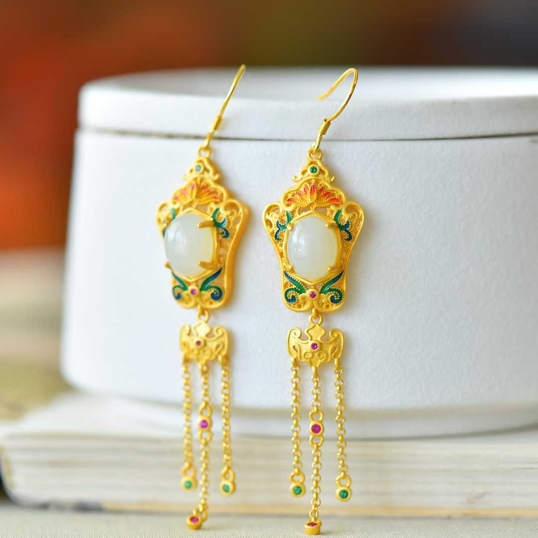 925 Silver Inlaid Hetian Nephrite "Lotus, Blessing, Longevity & Ruyi" Enamel Tassel Earrings - jewelry - weilin.com
