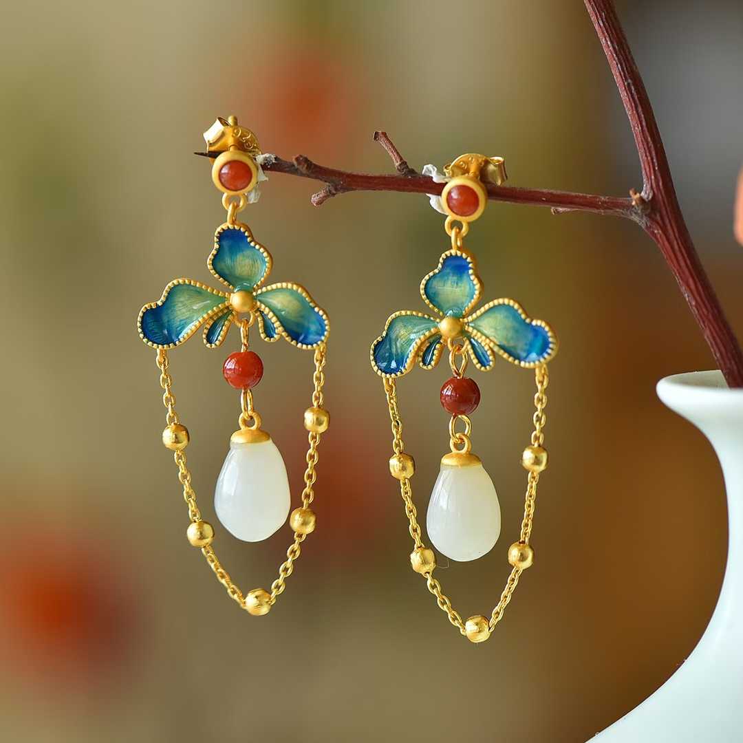 925 Silver Inlaid Hetian Nephrite "Lotus, Blessing, Longevity & Ruyi" Enamel Tassel Earrings - jewelry - weilin.com