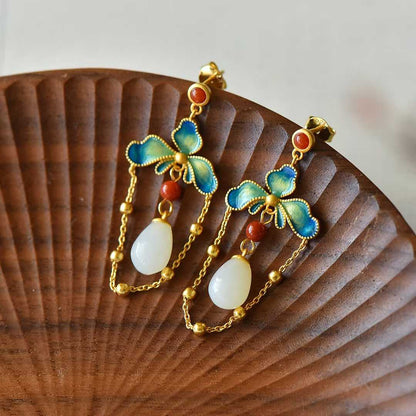 925 Silver Inlaid Hetian Nephrite "Lotus, Blessing, Longevity & Ruyi" Enamel Tassel Earrings - jewelry - weilin.com
