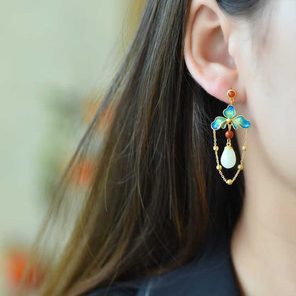 925 Silver Inlaid Hetian Nephrite "Lotus, Blessing, Longevity & Ruyi" Enamel Tassel Earrings - jewelry - weilin.com