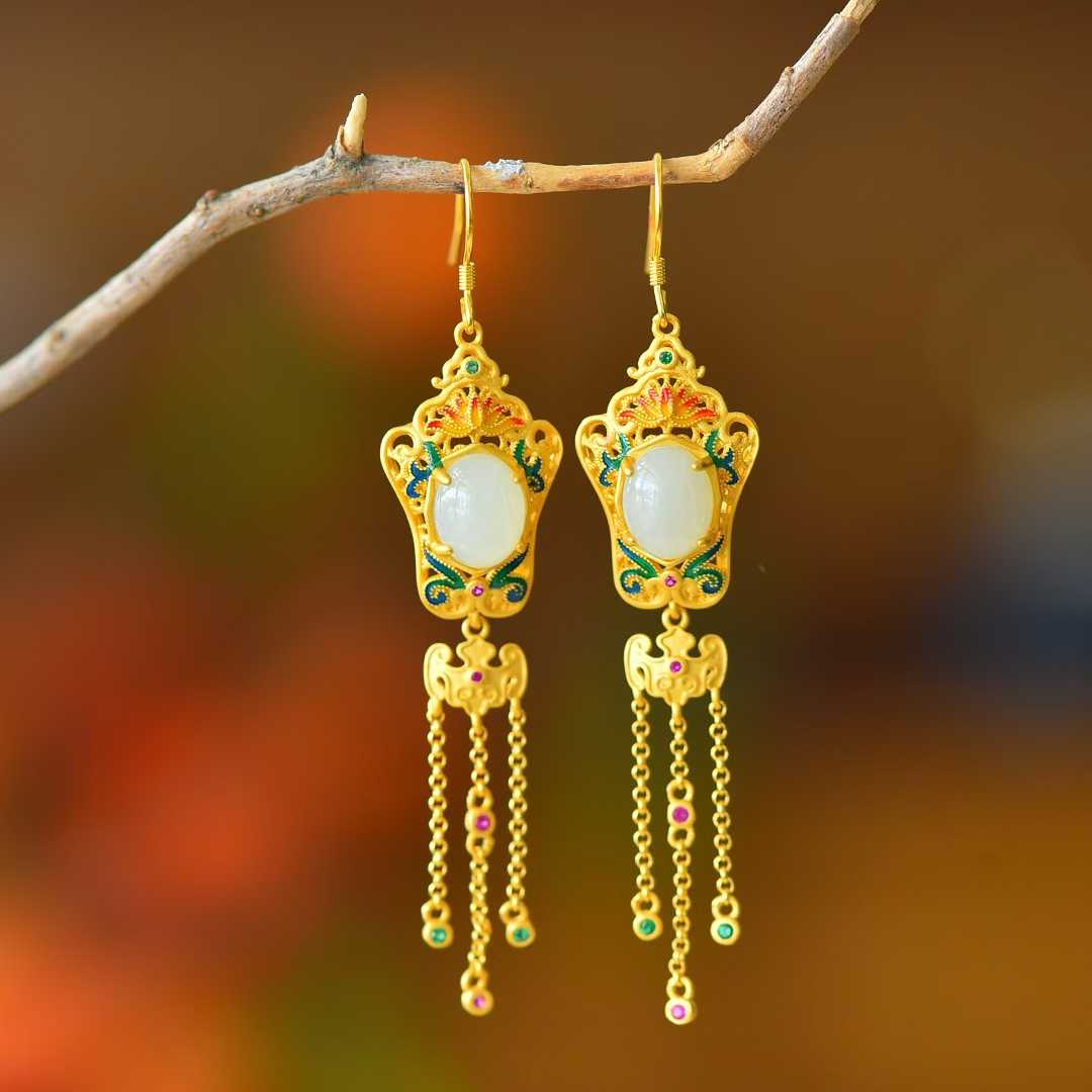 925 Silver Inlaid Hetian Nephrite "Lotus, Blessing, Longevity & Ruyi" Enamel Tassel Earrings - jewelry - weilin.com