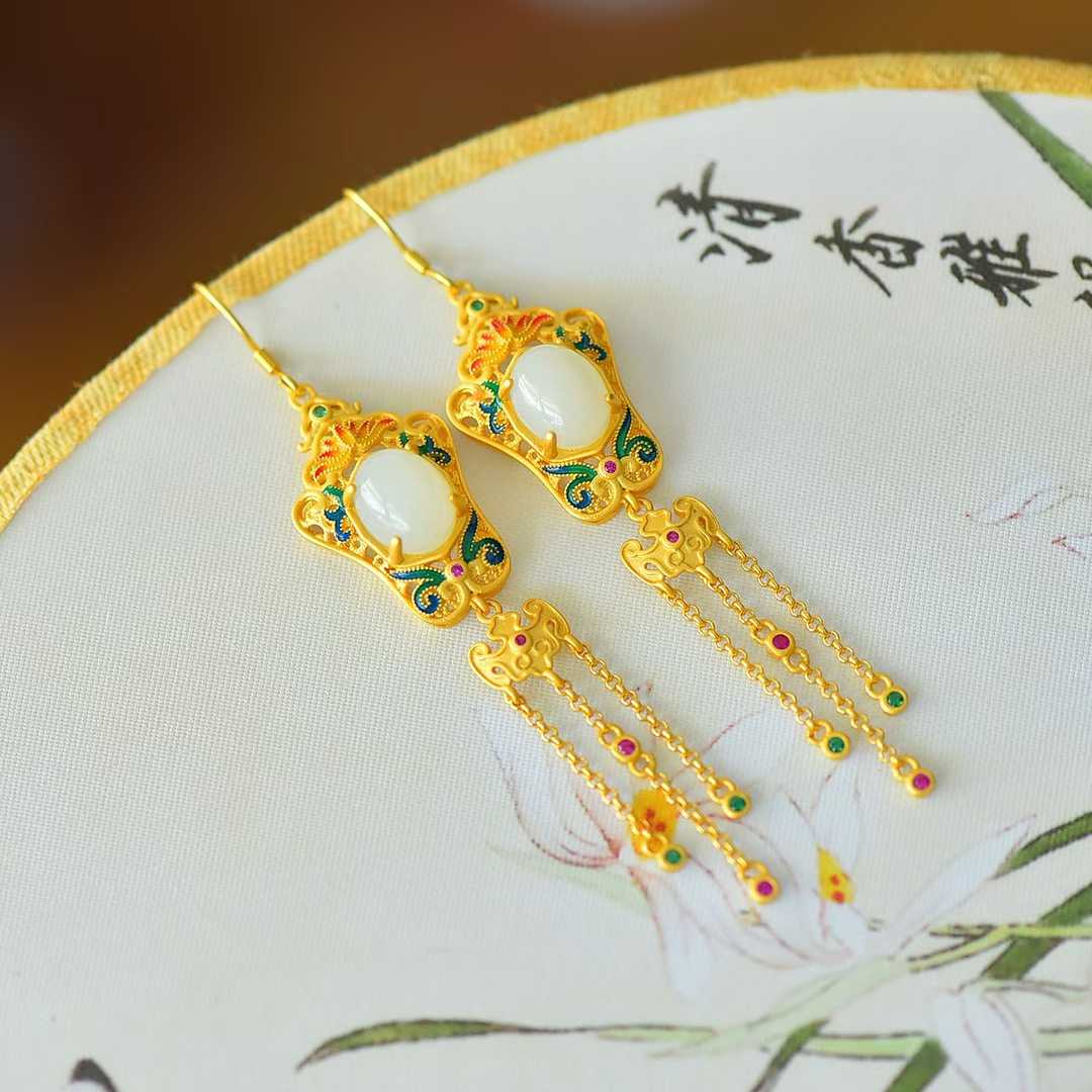 925 Silver Inlaid Hetian Nephrite "Lotus, Blessing, Longevity & Ruyi" Enamel Tassel Earrings - jewelry - weilin.com