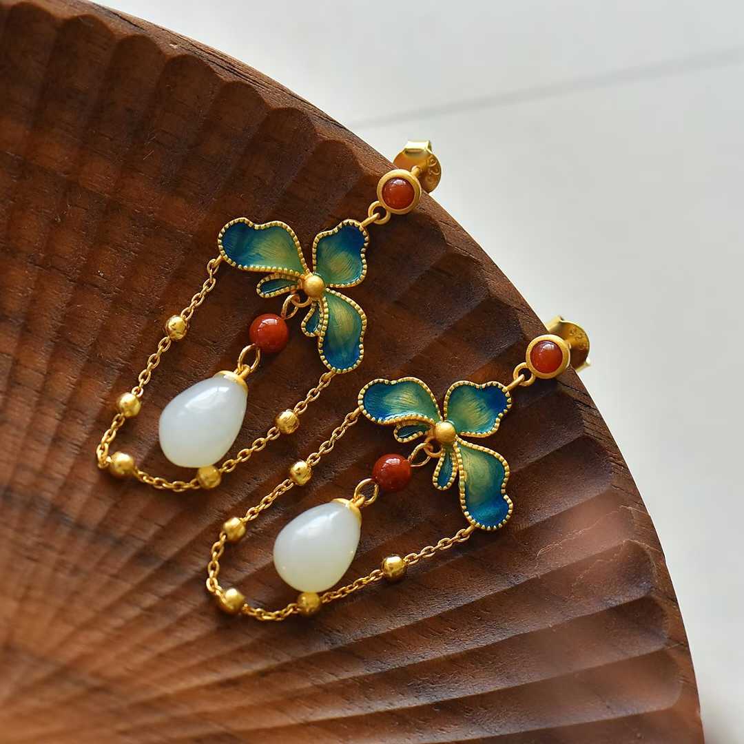925 Silver Inlaid Hetian Nephrite "Lotus, Blessing, Longevity & Ruyi" Enamel Tassel Earrings - jewelry - weilin.com