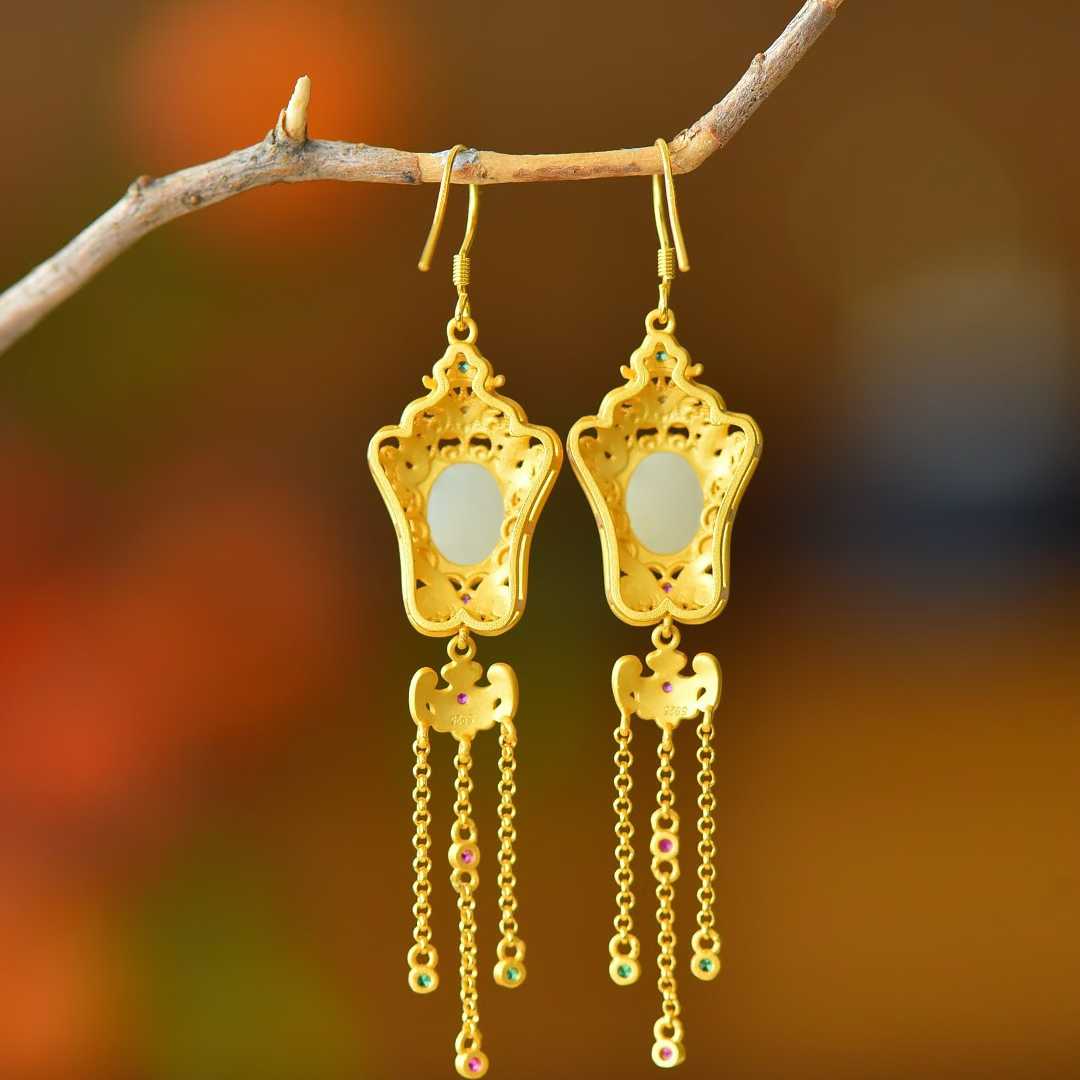 925 Silver Inlaid Hetian Nephrite "Lotus, Blessing, Longevity & Ruyi" Enamel Tassel Earrings - jewelry - weilin.com